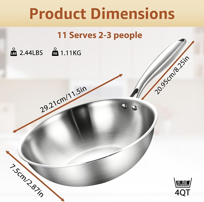 LOLYKITCH 11-Inch Tri-Ply Stainless Steel Wok Pan with Lid | Riveted Handle | Stir-Frying Pan | Induction Wok | Dishwasher and Oven Safe | Heavy-Duty | Flat-Bottom