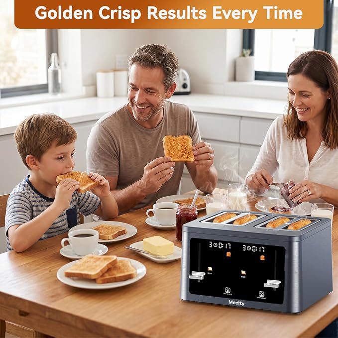Mecity 4 Slice Touchscreen Toaster, 6 Bread Modes & 6 Browning Levels, Dual Touch Control Wide Slot Stainless Steel Electric Toaster with Memory, Defrost, 3-Min Auto Shutoff for White, Bagels, Waffles