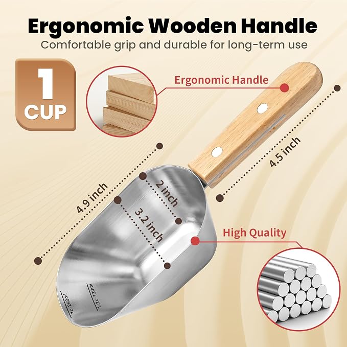 Dog Food Scoop 1 Cup with Clear Measurement Line, 304 Stainless Steel | Dog Food Measuring Cup with Long Wooden Handle, Pet Food Scoop for Dog Cat Food, Coffee, Flour