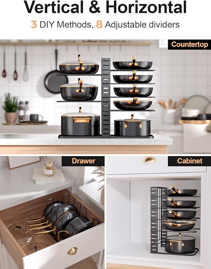 MUDEELA 8-Tier Lightweight Pots and Pans Organizer under Cabinet, 14.55" H | 3 DIY Methods, Adjustable pot rack, Fits 6"-11" pots and pans, Pot lid organizer inside cabinet, Kitchen storage