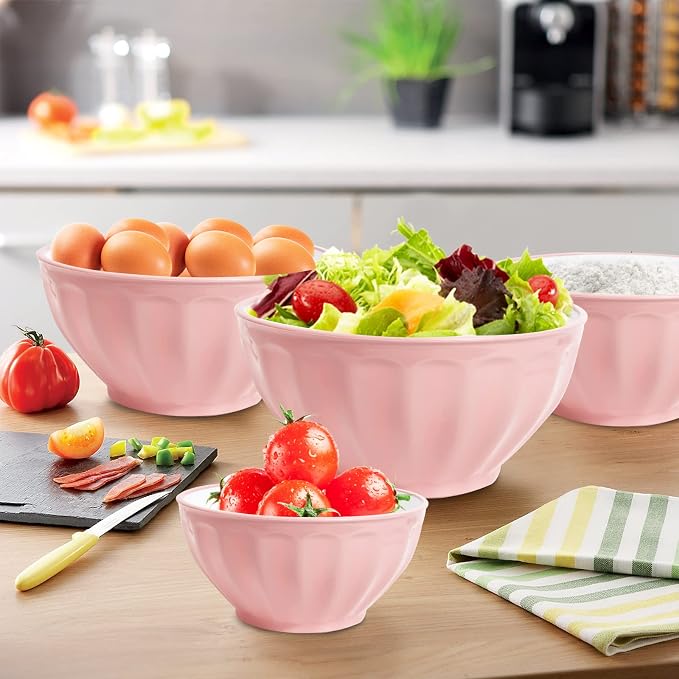 Mixing Bowls with Lids Set,4 Piece Large Plastic Nesting Bowls,Includes 4 Microwave safe Mixing Bowl and An Egg Whisk for Kitchen Prepping,Baking,Cooking Food, Pink