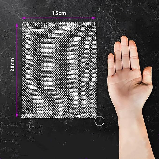 Cast Iron Cleaner and Chainmail Skillet Scrubber - 8''x6'' Upgraded 3.8mm Small Ring, 316L Stainless Steel Fine Rings - Durable Scraper for Skillets, Pans, Griddles & Containers