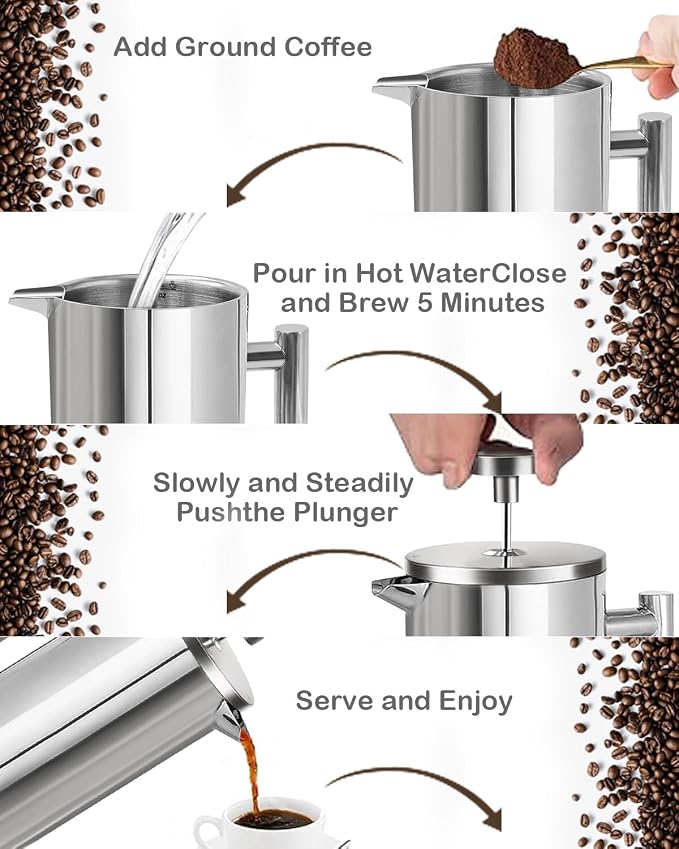 French Press Coffee Maker, Silver, 34 OZ (1 Litre) | 304 Stainless Steel Coffee Press with scale lines and 2 Extra Filters for Kitchen & Camping