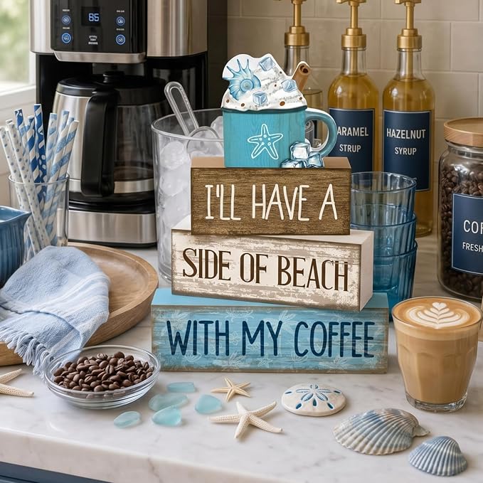 Lineshading 4 Pcs Beach Coastal Wooden Block Signs with Coffee Cup Summer | Blue Rustic Wood Signs Starfish Mug, Tiered Tray Coffee Bar Table Decor, Beachy Nautical Centerpieces for Home Office