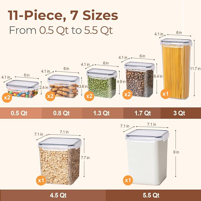 ComSaf Airtight Food Storage Containers with Lids 7size 11Pack, Stackable | Plastic Canister, Flour Sugar Cereal Pasta Rice Oats Coffee Snacks Dry Food, Pantry Kitchen, Label & Scoop, BPA-free, Clear