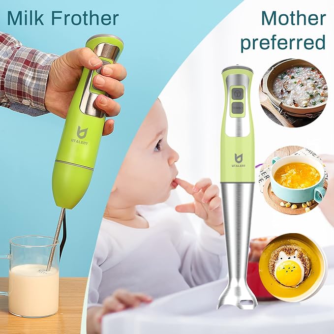 UTALENT Immersion Hand Blender with chopper - Puree Baby Food, Sauce & Soup | 8-speed, Pure Copper Winding Motor, 5.2 feet power cord, 4-point Ice crush blade, 500ml chopper, 600ml vessel, Whisk, Frother