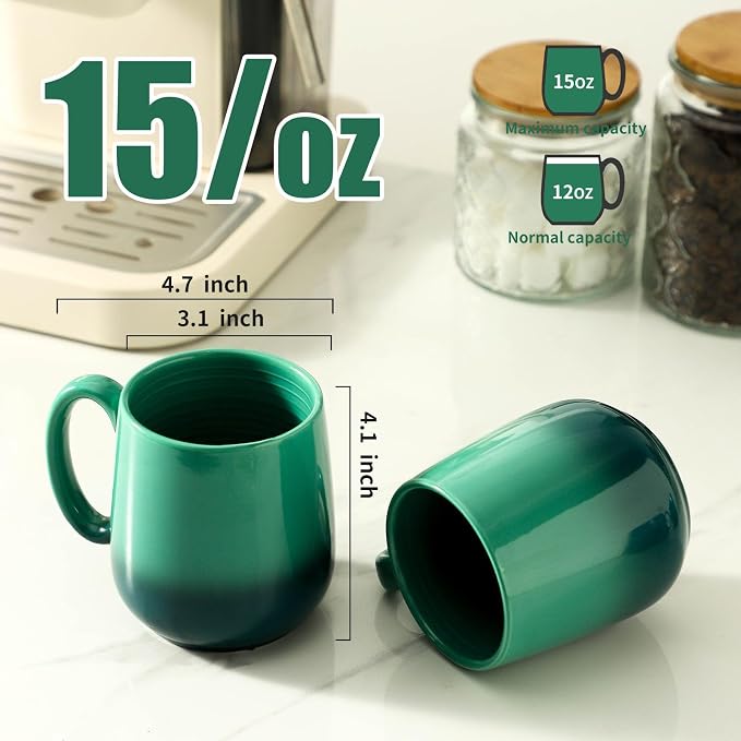 HASENSE 15oz Ceramic Mug Set of 4, Green Ombre Coffee Cups with Handle – Microwave & Dishwasher Safe Large Cappuccino Latte Tea Mugs, Housewarming Gift Idea