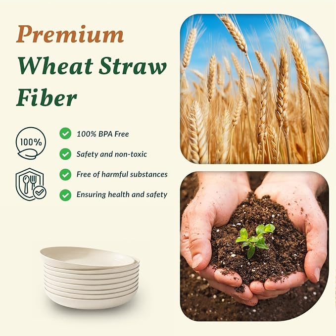 Dessert Plates - 8 Inch Wheat Straw Plates Set, Dinner Plates Set of 8, Appetizer Plates, Lightweight Unbreakable Plates, Microwave Safe Plates, Deep Plates for Dinner - Beige