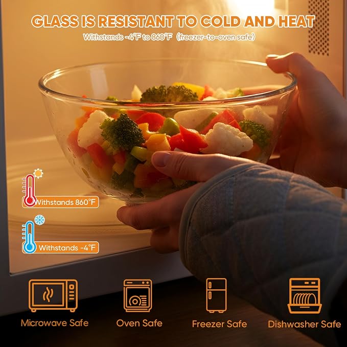 Borosilicate Glass Mixing Bowls, Set of 2 (9-inch, 2.8 QT Each) – Heavy Duty, Scratch Resistant, Non-Toxic & Lead-Free – Oven/Microwave/Dishwasher/Freezer Safe – Ideal for Meal Prep, Baking & Serving