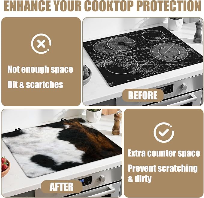 Brown Cowhide Stove Top Covers for Electric Stove, Cow Skin Electric Gas Stove Pad Heat Resistant Range Cooktop Protector for Home Decor Kitchen 28"x20"