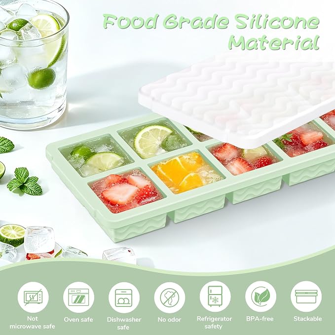 3-Pack Ice Cube Trays with Lid, 10 Cubes 2 Tbsp, Silicone Tray for Freezer | BPA Free, Leak-proof Lid, Freeze Ice Cubes, Chocolates, Sauces, Juices, Fruit Purees, Meal Prep, Cocktail, Coffee, Soup, Food