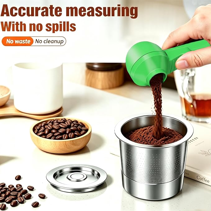 2-in-1 Coffee Scoop with Funnel, 2 Tbsp Measuring Spoon for Reusable K Cups, Ground Coffee, Protein Powder & Tea, Mess-Free Plastic Design（Green-1pack）