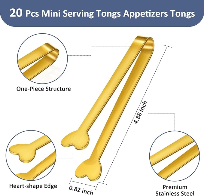 20-Packs Mini Serving Tongs, Stainless Steel Small Appetizers Tongs, Metal Kitchen Tongs, Ice Sugar Tongs for Serving Food (5inch，Gold)