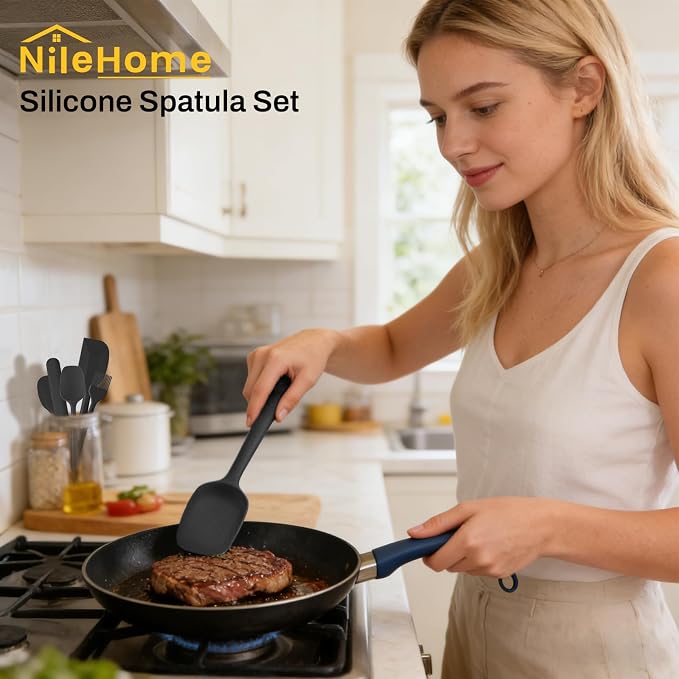 NileHome Silicone Spatula Set, 6 Pieces Food Grade Kitchen Utensils with Silicone Brush Heat Resistant Up to 600°F Dishwasher Safe BPA-Free Rubber Spatula for Scraping, Baking, Cooking, Mixing-Black