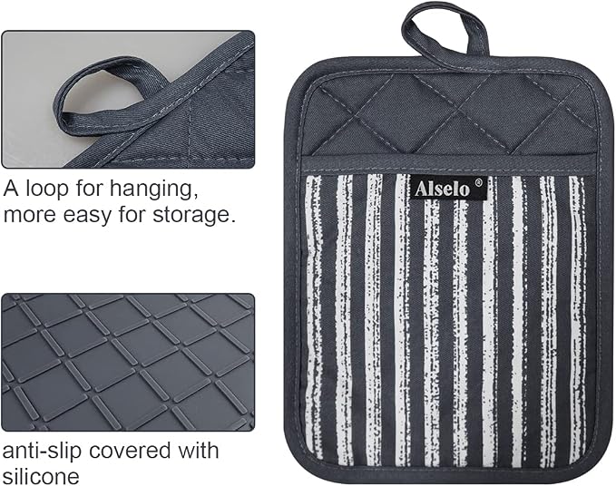 Alselo Silicone Pot Holders Set of 3 Heat Resistant & Non Slip Potholders | Professional Oven Hot Pads with Pockets Mitts for Kitchen Cooking Baking Barbecue (Grey 3)