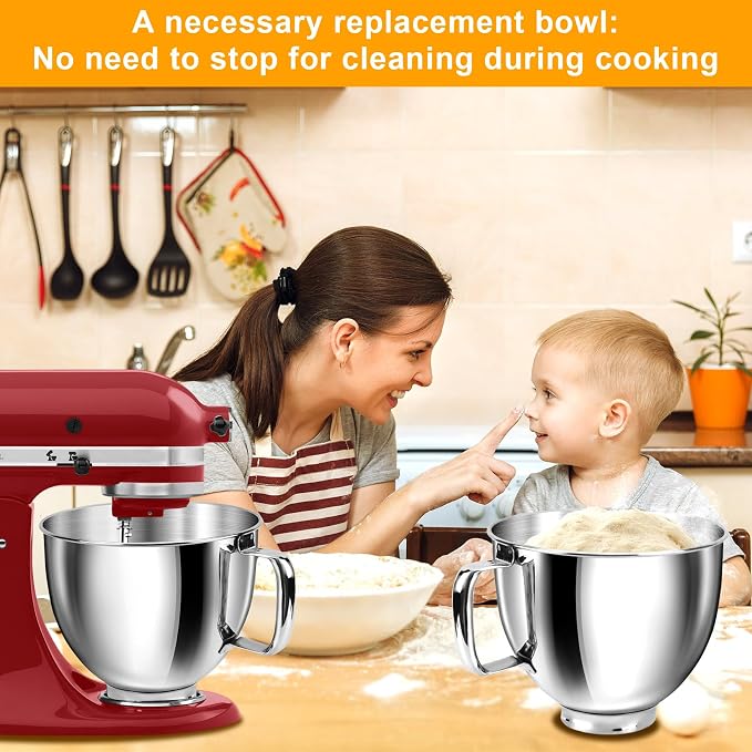 5 Quart Mixing Bowl for KitchenAid Stand Mixers, Food-Grade Stainless Steel Bowl with Handle & Clasp, Compatible with Tilt-Head 4.5–5 Qt Models – Fits K45, K45SS, KSM75, KSM150, KSM95
