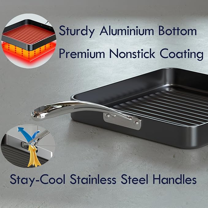 Cooks Standard 11-Inch Square Nonstick Grill Pan for Stovetop | Hard Anodized Grilling Pan for Indoor & Outdoor, Ribbed Surface, Stay-cool handle, Oven Safe, Black