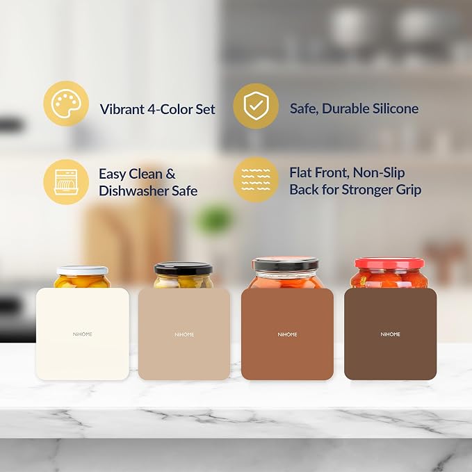 NiHome Silicone Jar Opener Gripper Pads, 6 in for Seniors,Coffee Color,4PC | Textured Back for Superior Grip on Stubborn Lids, BPA-Free Food-Grade, Heat Resistant, Dishwasher Safe, Rounded Square
