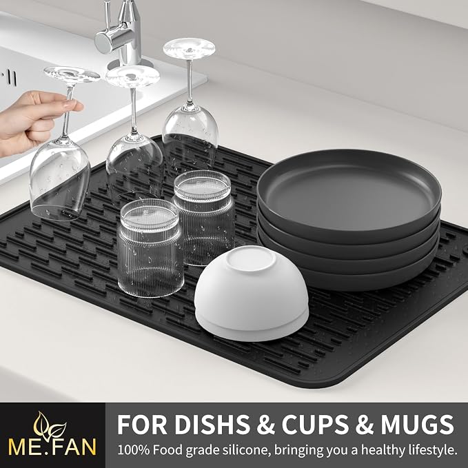 ME.FAN Silicone Dish Drying Mat for Kitchen Counter, Dish Drying Pad for Sink, Refrigerator or Drawer, Countertop Protection Pad S - 12'' x 8'' - Black