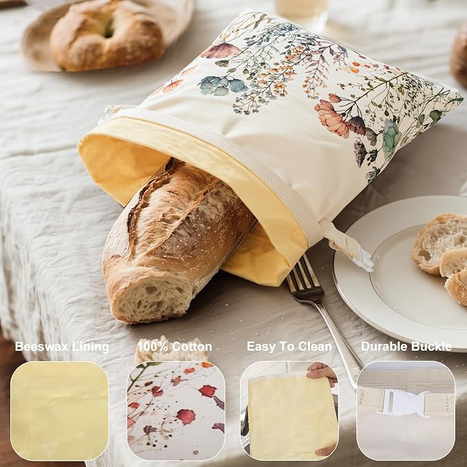 Reusable Beeswax Bread Bags for Homemade Bread & Sourdough, 2-Pack XL Airtight Food Storage Bags, Organic Cotton Linen Covers - Freezer-Friendly Freshness Preservation Keeps Fresh Longer