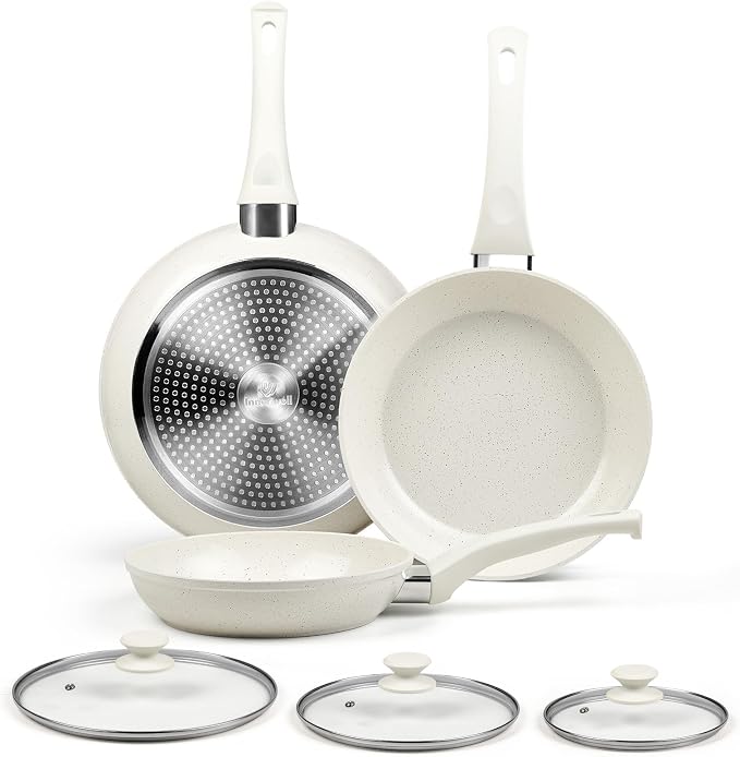 Innerwell Nonstick Ceramic Frying Pans Skillets Set with Lid 8"+9.5"+11" | No Toxic Egg Omelette Frying Pan, All Stove Compatible, Healthy Granite Induction Cooking Pan, PFOA & PFAS Free, White