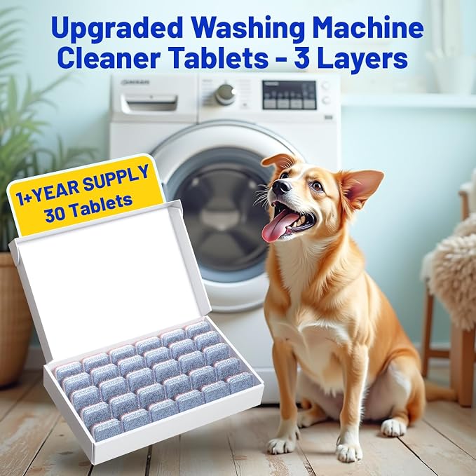 Washing Machine Cleaner Tablets Ultra with Mold Cleaning Gel&Brush | Designed for Pet Owners,Removes Residue, Grime & Odors, Compatible with HE, Top&Front Load, 30 Tablets-12+ Month Supply