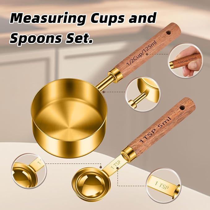 Wooden Handle Measuring Cups & Spoons Set 8-Piece – Stainless Steel, Stackable, Rustic Farmhouse Kitchen Gadgets, Non-Toxic, Dishwasher Safe, Gift for Bakers & New Homeowners