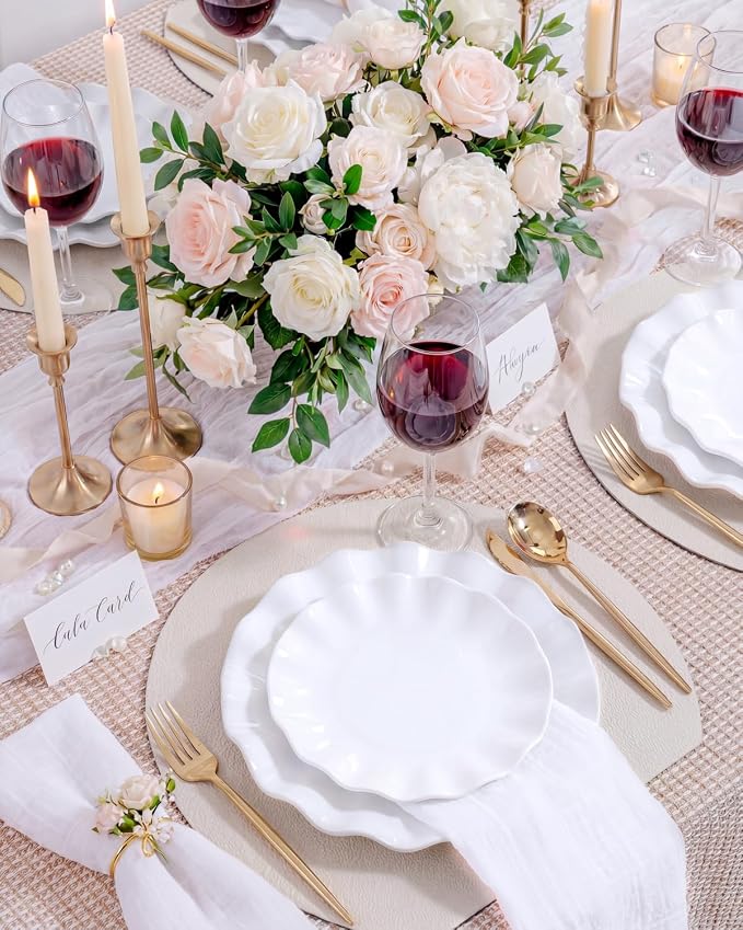 LIYH 24 Pcs White Plastic Plates Reusable - Unbreakable Party Plates, Microwave & Dishwasher Safe Camping Plate Sets Perfect for Parties, Birthday, Picnics, BPA Free (12Guests)