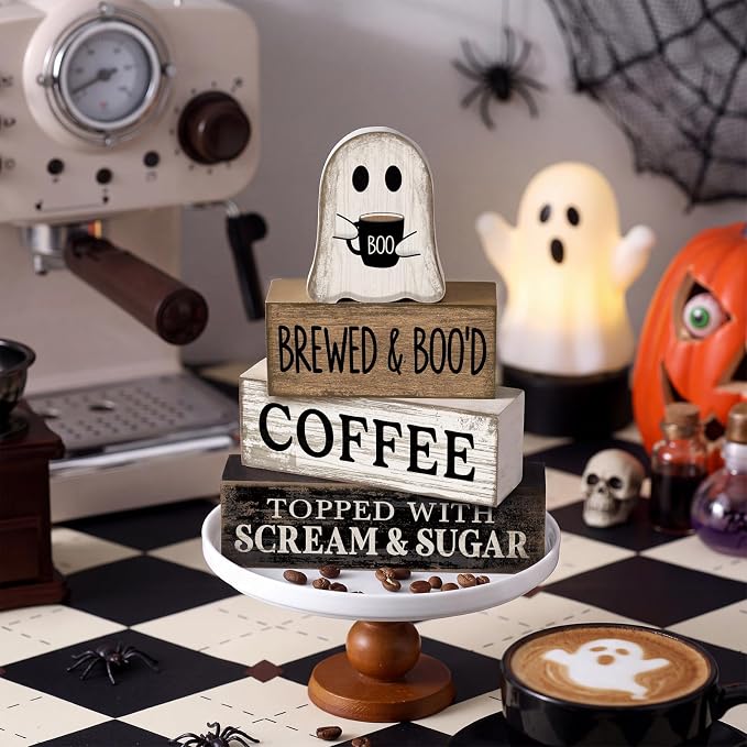 Lineshading 4 Pcs Halloween Ghost Blocks, Wooden Coffee Farmhouse Decor | Tiered Tray Decor for Home, Coffee Bar Table Decoration, Stacking Blocks with BOO Topper, Rustic Halloween Accents