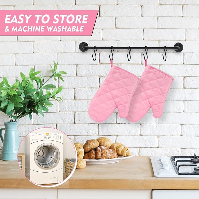 Heat Resistant Thick Cotton Oven Mitts Set, 11 Inch, Pink | Soft Quilted Lining, Strong Grip Potholders for Hot Pans and Oven, Kitchen Mitt Pair Protect Hands, Cooking Baking BBQ Gloves