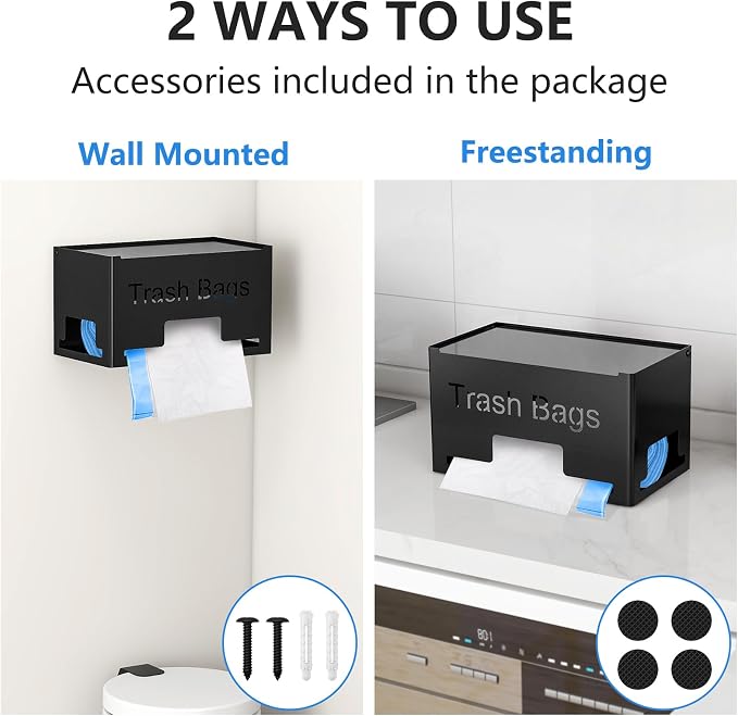 STWWO Large Trash Bag Holder Dispenser | Metal Garbage Bag Dispenser Roll Holder, Kitchen Trash Storage Organizer for Under Sink, Wall Mounted or Freestanding, Black