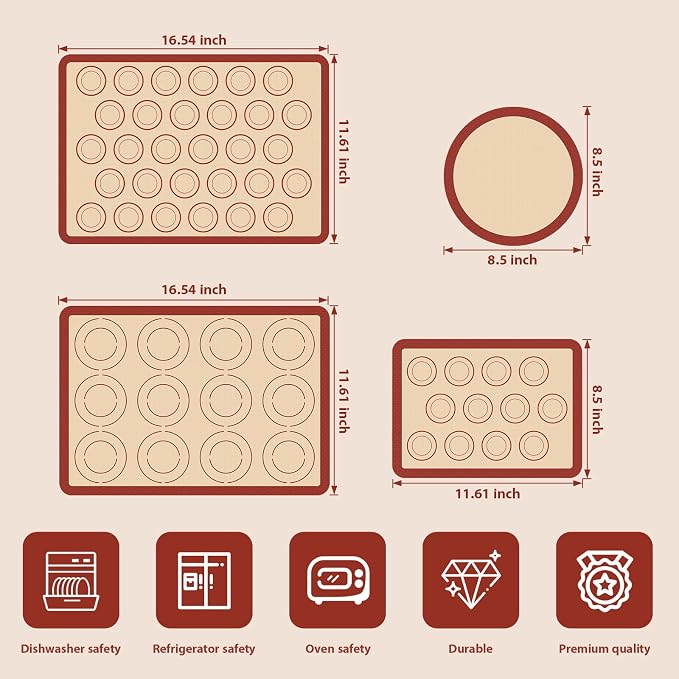Silicone Baking Mat Set of 4, Nonstick & Reusable | Easy to Clean Macaron Silicone Baking Sheets for Macarons, Cookies, Pastries, Pizza