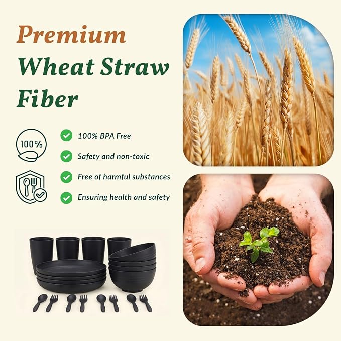 Wheat Straw Dinnerware Sets, Homienly 20pcs Unbreakable Microwave Dishwasher Safe Tableware Lightweight Bowls, Cups, Plates Set Reusable Dinner Plates Bowls set (Matte Black)