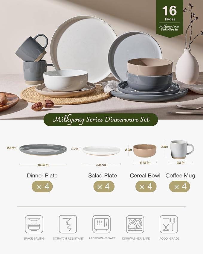 Famiware Milkyway 16-Piece Dinnerware Set with Mugs, Multi-color | Stoneware Plates and Bowls for 4, Dishes Set for Everyday/Formal Use, Microwave/Dishwasher Safe, Chip/Scratch Resistant