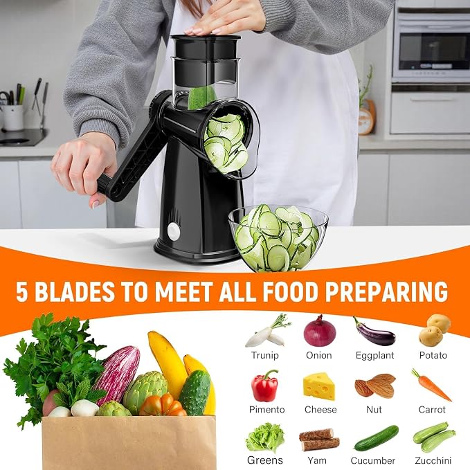 Rotary Cheese Grater Hand Crank, 5-in-1 Vegetable Shredder Chopper Spiralizer Slicer with 5 Interchangeable Blades for Vegetable, Cheese, Fruit, with Blades Storage Box & Stable Suction Base (Black)