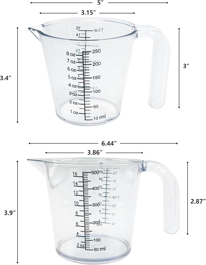 Laser-Etched Measuring Cup Set, 16 oz & 1 Cup Clear Plastic Liquid Measuring Cups, Permanent oz/cup/Tbsp/mL Markings, Food-Grade for Baking & Cooking