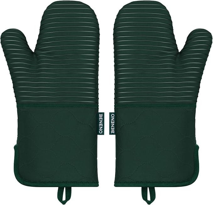 Beneno Heat Resistant 500°F Kitchen Oven Mitts 2-Pack, 7.5"x14.3", Green | Textured Non-Slip Silicone Grip, Extra Long Forearm Protection, Soft Quilted Cotton Terry Lining, Ideal for Baking & Grilling