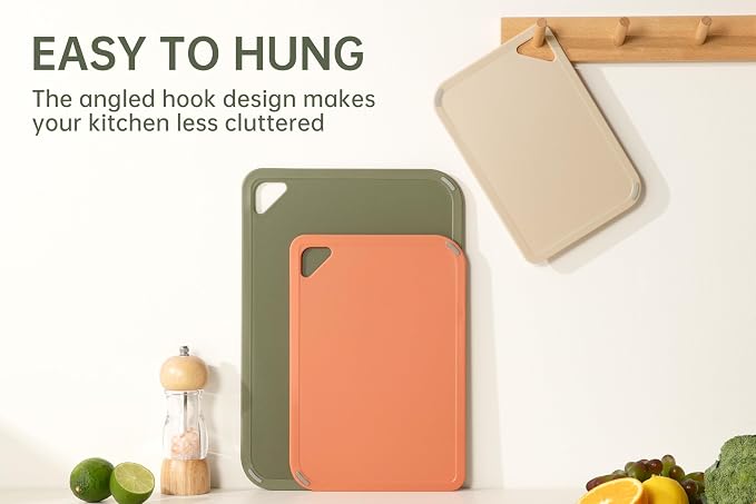 Plastic Cutting Board Set, Cutting Boards for Kitchen BPA Free | Large-Small Chopping Boards Set of 3 Non-Slip for Cooking Camping Dishwasher Safe, Reversible, with Grip Handle, Orange Green