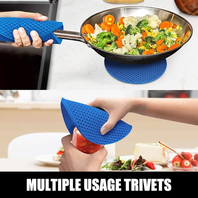 RORECAY Silicone Oven Mitts and Pot Holders Sets, Gloves for Kitchen, Blue | Set of 6 Kitchen Mitts for Baking & Cooking, Heat Resistant 500 ℉, 15" Extra Long, Non-Slip & Waterproof, Quilted Cotton