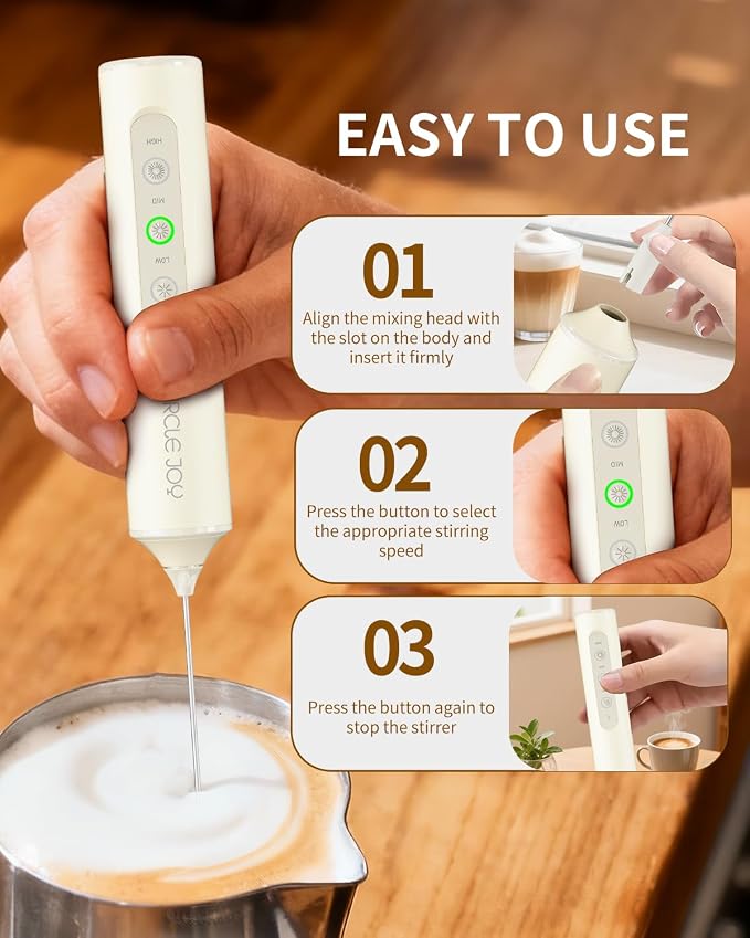 CIRCLE JOY Rechargeable Handheld Milk Frother Wand with Stand, 3 Variable Speeds, 3 Whisks and Storage Box, Electric Drink Mixer for Latte, Cappuccino, Hot Chocolate, Eggs and Protein Powder, Beige