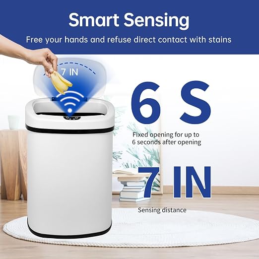 BestOffice | 13 Gallon Stainless Steel Trash Can with Lid | White | Automatic Touchless Garbage Can | Odor Control | Modern Oval Design | Easy to Clean | For Kitchen, Bathroom, Office or Home