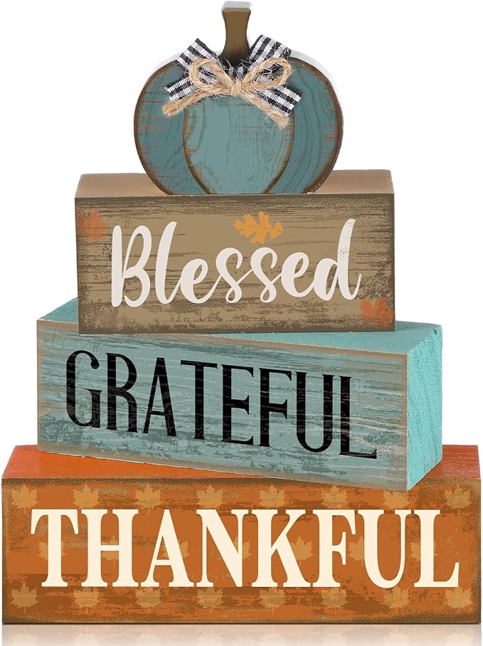 Lineshading 4 Pcs Farmhouse Block Signs Tiered Tray Decor Blue Pumpkin | Rustic Wooden Stacked Signs Blessed Grateful Thankful, Sunflower Pumpkin Topper, Tabletop Centerpiece for Fall Harvest