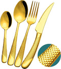 16-Piece Luxury Gold Hammered 18/10 Stainless Steel Silverware Set | Ultra Sharp 2-IN-1 Serrated Knives, Premium Titanium Coating, Non-Slip Handle, Service for 4, Rust Resistant, Dishwasher Safe