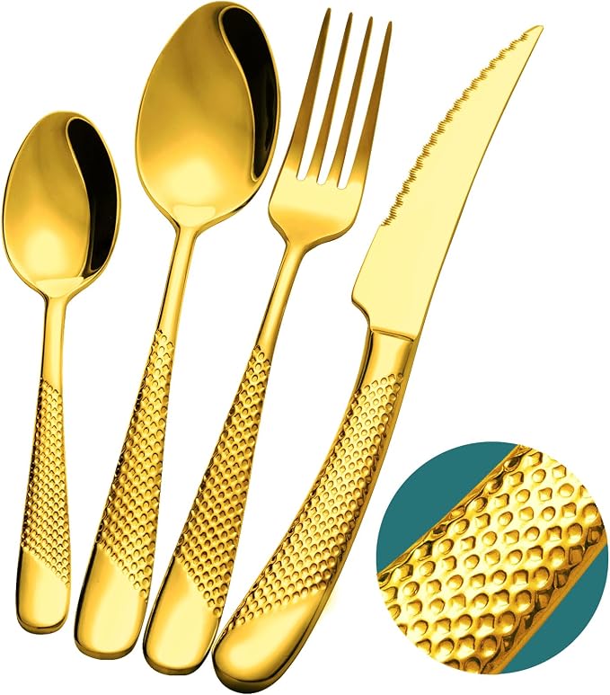 16-Piece Luxury Gold Hammered 18/10 Stainless Steel Silverware Set | Ultra Sharp 2-IN-1 Serrated Knives, Premium Titanium Coating, Non-Slip Handle, Service for 4, Rust Resistant, Dishwasher Safe