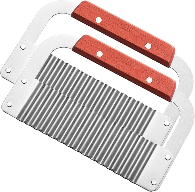 2 Pcs Crinkle Cutter Potato Slicer Wavy Chopping Tool French Fry Veggies | Heavy Duty Wooden Handle Sharp and Deep Waves Crinkle Cutting Set for Carrot Zucchini Pickled Cucumber Dishwasher Safety