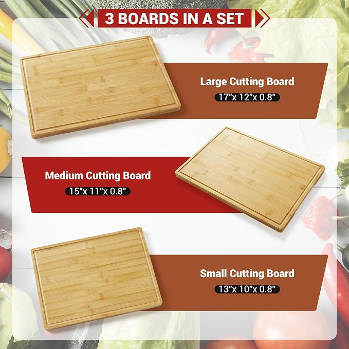 GarveeHome Bamboo Cutting Board Set of 3, Kitchen Cutting Board Set With Holder, Chopping Board Set With Deep Juicy Groove and Back Inner Handles for Meat, Vegetables and Fruit