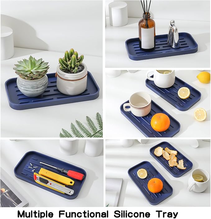 MicoYang Silicone Kitchen Sink Organizer Tray for Multiple Usage,Eco-Friendly Sponges Holder for Kitchen Bathroom Counter or Sink,Dish Soap Dispenser,Scrubber,Bottle,Cup (Navy Blue, 10"×5.3")