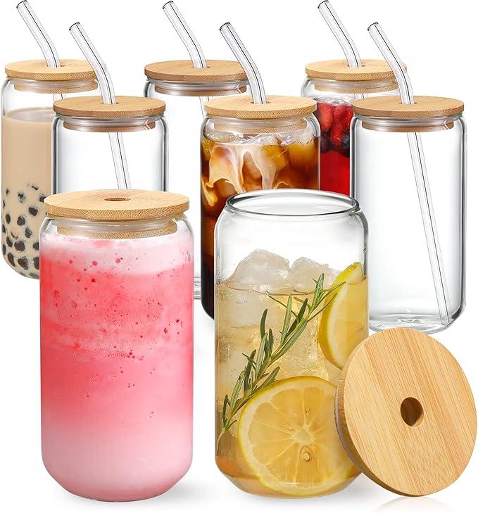 NETANY [ 8pcs Set ] Drinking Glasses with Bamboo Lids and Glass Straw - 16oz Glass Cups, Beer Glasses, Iced Coffee Glasses, Cute Tea Cup, Ideal for Cocktail, Whiskey, Gift - 2 Cleaning Brushes