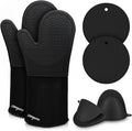sungwoo 6pcs Silicone Oven Mitts and Pot Holders Sets, 14.6 Inch Heat Resistant Oven Gloves with Quilted Liner Non-Slip Textured Grip Perfect for BBQ, Baking, Cooking and Grilling Black