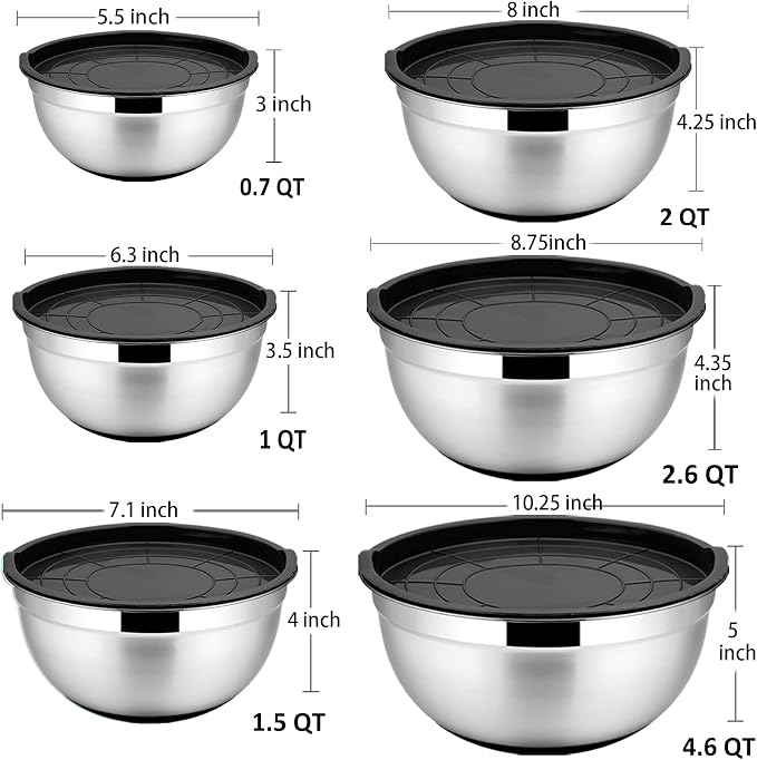 P&P CHEF Stainless Steel Mixing Bowls With Lids, Set of 6, Black | Salad Nesting Mixing Bowls & Fitting Lids & Non-Slip Silicone Bottom, Ideal for Mixing, Storing, Size 0.7/1/1.5/2.5/3/4.6 Qt